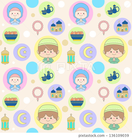 Seamless Background Ramadan Pattern with Cute Muslim Kids Mosque Lantern and Iftar 136109039