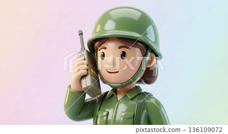 Female soldier communicating by radio 136109072