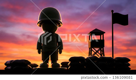 Silhouette of a soldier guarding the base at dusk 136109081