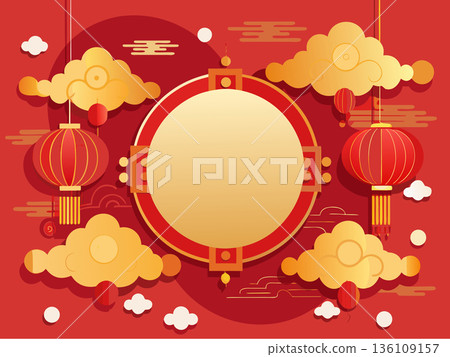 Luxury Chinese New Year Background with Golden Clouds Red Lanterns and Central Frame for Text	 136109157