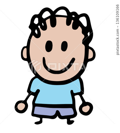 Hand drawn illustration of happy boy in blue shirt for back to school, student, children, kids, childhood, people, human, sticker, tattoo, playground, family members, summer break, stick man 136109166