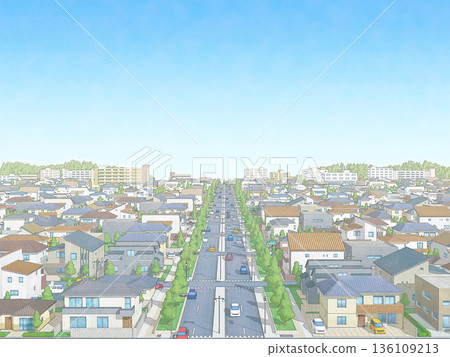 Residential area - Precision watercolor style city town background - Hand-drawn Residential area - Precision watercolor style city town background - Hand-drawn 136109213