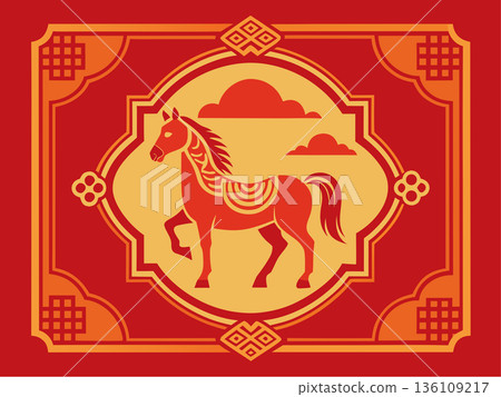 Chinese Zodiac Year of the Horse Illustration in Traditional Red and Gold Frame	 136109217