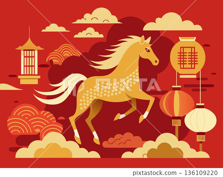 Chinese New Year Golden Horse Running in Traditional Chinese New Year Style Art Chinese New Year Golden Horse Running in Traditional Chinese New Year Style Art 136109220