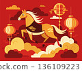Chinese Zodiac Year of the Horse Illustration with Red Lanterns and Auspicious Clouds 136109223