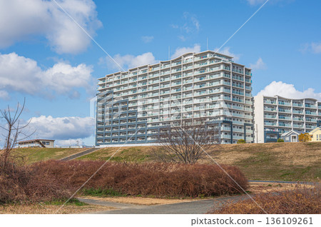 從淀川河床眺望大阪府高槻市的公寓大樓 136109261