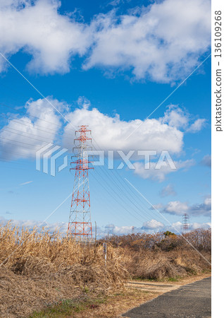 在淀川右岸的高槻市河床上，矗立著一座輸電塔。 136109268