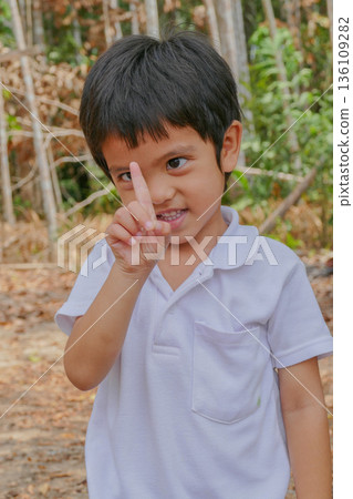 Close up of smiling Asian little cute boy show forefinger upwards posing and looking at camera outdoor over nature background 136109282