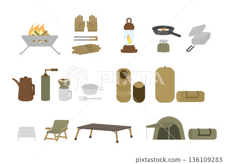 一組色調柔和的露營裝備插圖。 136109283