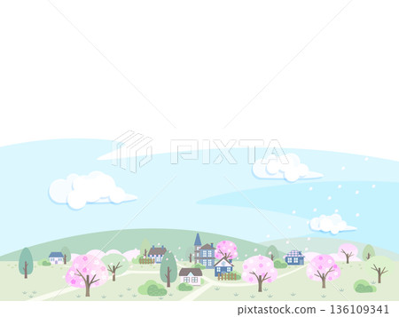 春日風景插畫,櫻花盛開。 春日風景插畫,櫻花盛開。 136109341