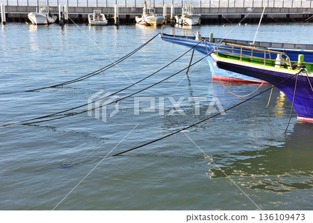 片瀨漁港的漁船並排停泊著。 136109473