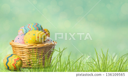 Easter eggs in wicker basket on green grass Easter eggs in wicker basket on green grass 136109565