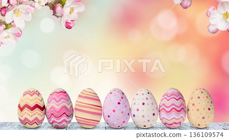 Colorful painted easter eggs decorating spring background 136109574