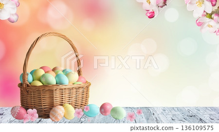Easter basket full of painted eggs on wood board Easter basket full of painted eggs on wood board 136109575