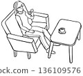 Line drawing of a young woman sitting on a sofa and looking at her smartphone 136109576