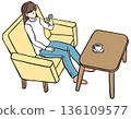 Illustration of a young woman sitting on a sofa and looking at her smartphone 136109577