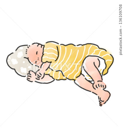 Illustration of a newborn baby sleeping sideways on a pillow. Watercolor style. Illustration for childcare, sleep, and sleep. Illustration of a newborn baby sleeping sideways on a pillow. Watercolor style. Illustration for childcare, sleep, and sleep. 136109708