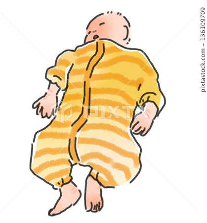 Illustration of a newborn baby lying on its back. Watercolor style. Childcare, growth, baby clothes, everyday illustrations. 136109709