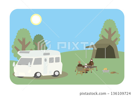 描繪男女享受露營樂趣的插圖（白天） 136109724