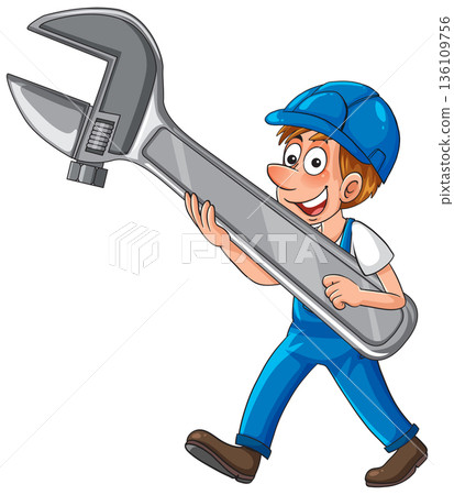 Cartoon Mechanic Carrying Large Adjustable Wrench Cartoon Mechanic Carrying Large Adjustable Wrench 136109756