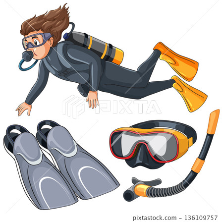 Scuba Diver with Snorkeling and Diving Equipment Vector Illustration Set Scuba Diver with Snorkeling and Diving Equipment Vector Illustration Set 136109757