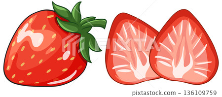 Vector Illustration of a Whole Strawberry and Two Sliced Halves 136109759