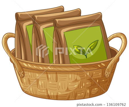 Woven Wicker Basket Containing Three Brown Paper Bags of Green Tea 136109762