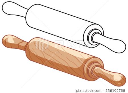 Wooden Rolling Pin Vector Illustration in Color and Line Art 136109766