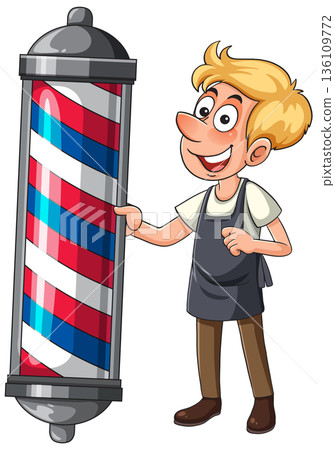 Cartoon Barber Standing Beside Classic Barber Pole Cartoon Barber Standing Beside Classic Barber Pole 136109772