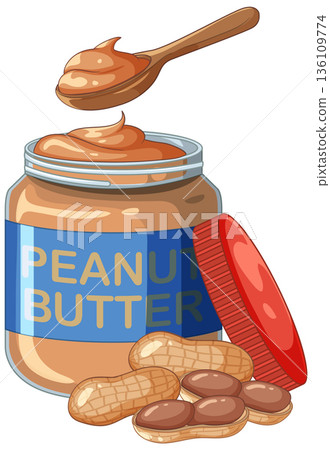 Open Peanut Butter Jar with Wooden Spoon and Whole Peanuts 136109774