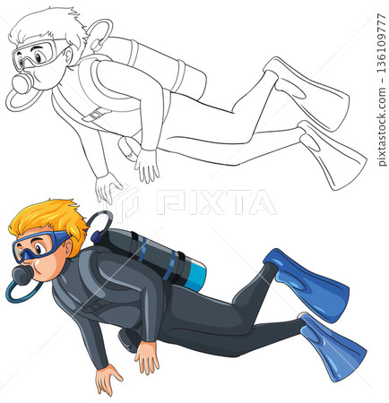 Scuba Diver Vector Illustration in Color and Line Art Versions 136109777