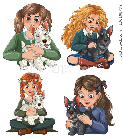 Set of Cartoon Girls Holding and Petting Small Terrier Dogs Set of Cartoon Girls Holding and Petting Small Terrier Dogs 136109778