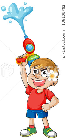 Cartoon Boy Shooting Water Gun During Summer Festival Celebration 136109782