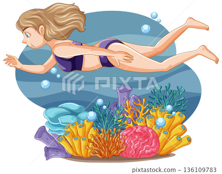 Vector Illustration of a Young Woman Swimming Over a Coral Reef 136109783