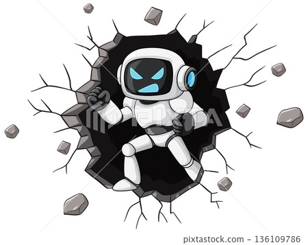 Cartoon Robot Breaking Through Cracked Wall 136109786