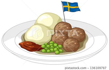 Traditional Swedish Meatballs with Mashed Potatoes Peas and Lingonberry Jam 136109787