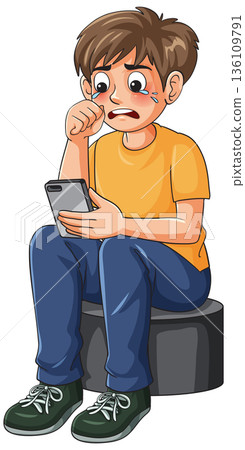 Upset Young Boy Sitting and Crying Over Smartphone Message 136109791