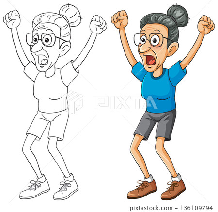 Elderly Woman Cheering With Raised Arms Cartoon Vector 136109794