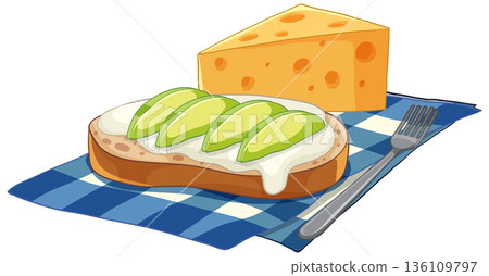 Avocado Toast with Cheese Wedge on Blue Checkered Napkin Illustration Avocado Toast with Cheese Wedge on Blue Checkered Napkin Illustration 136109797