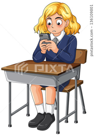Worried Schoolgirl Sitting at Desk Using Smartphone 136109801