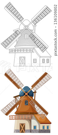 Traditional Dutch Windmill Vector Illustration with Color and Outline Traditional Dutch Windmill Vector Illustration with Color and Outline 136109802
