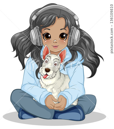 Young Girl Wearing Headphones Sitting Cross Legged Holding a Small White Dog Young Girl Wearing Headphones Sitting Cross Legged Holding a Small White Dog 136109810