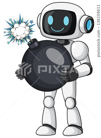 Smiling Robot Holding Cartoon Bomb with Lit Fuse Smiling Robot Holding Cartoon Bomb with Lit Fuse 136109811