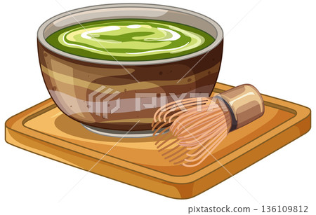 Traditional Matcha Green Tea Bowl with Bamboo Whisk on Wooden Tray Traditional Matcha Green Tea Bowl with Bamboo Whisk on Wooden Tray 136109812