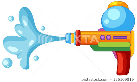 Colorful Toy Water Gun Spraying a Stream of Blue Water 136109819