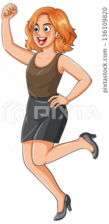 Happy Businesswoman Jumping with Raised Fist in Excitement 136109820