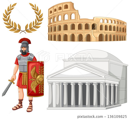 Ancient Roman Vector Illustration Set with Centurion Colosseum and Pantheon Ancient Roman Vector Illustration Set with Centurion Colosseum and Pantheon 136109825