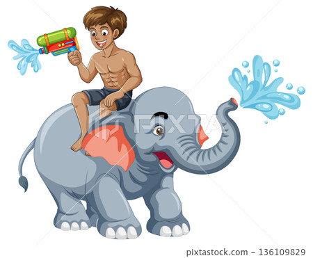 Young Man Riding Elephant and Playing with Water Gun for Songkran Festival Young Man Riding Elephant and Playing with Water Gun for Songkran Festival 136109829