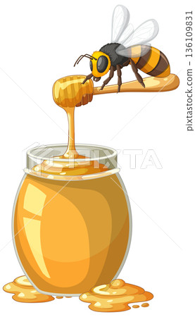 Honey Bee Perched on a Dipper Over a Glass Jar 136109831