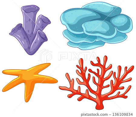 Set of Colorful Underwater Coral and Starfish Vector Illustrations Set of Colorful Underwater Coral and Starfish Vector Illustrations 136109834